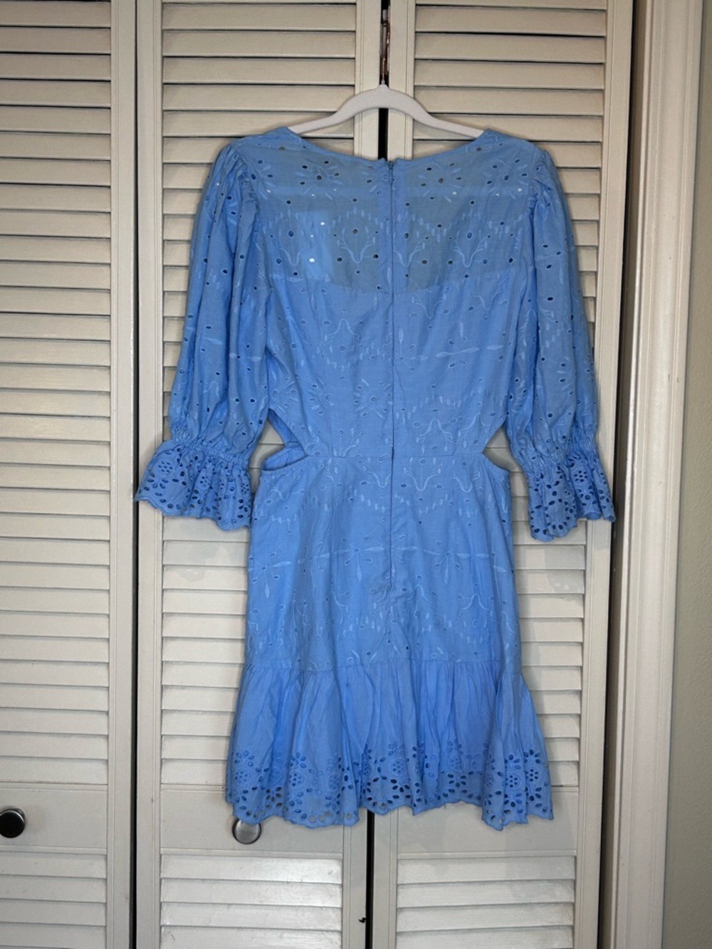 French Connection Blue Eyelet Puff Sleeve Mini Dress Size 2 - Picture 5 of 6
